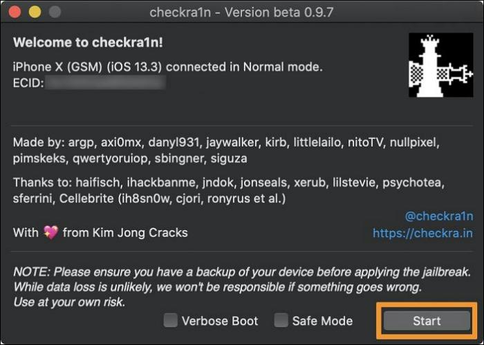 click Start in Checkra1n | Jailbreak iPhone without Passcode