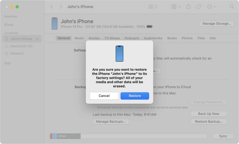 click Restore iPhone in iTunes | Jailbreak iPhone without Passcode