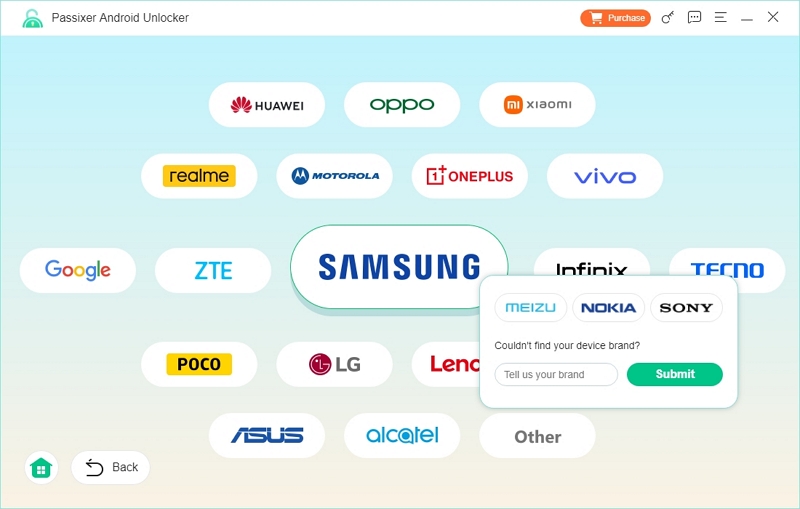 select phone brand | Passixer Android Unlocker User Guide