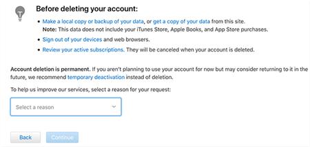 リクエストの理由を選択 | Apple ID を削除