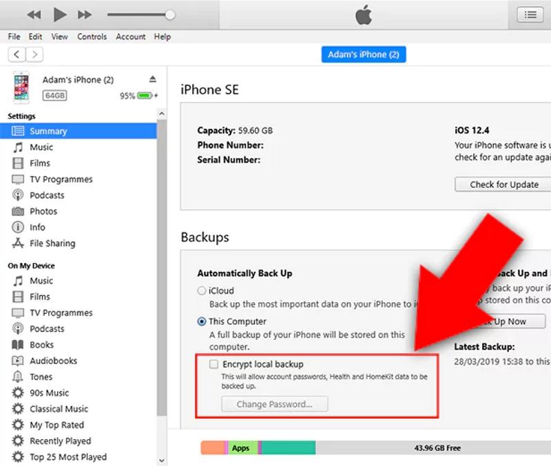 tick Encrypt local backup | iTunes Could Not Restore the iPhone Because the Password Was Incorrect