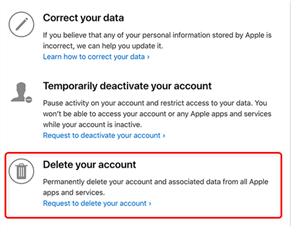 アカウント削除リクエスト | Apple IDの削除をクリック