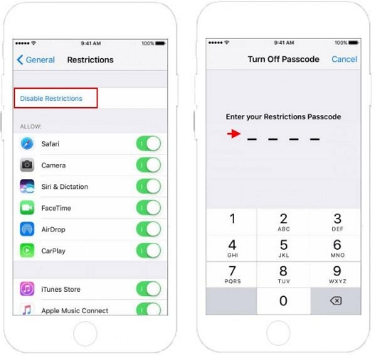 tap Disable Restrictions | Turn Off Restricted Mode on iPhone/iPad