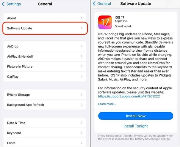 Select Software Update | erase iPhone verification fails