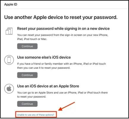 click Unable to use any of these options | Unlock iPhone Passcode Without Apple ID