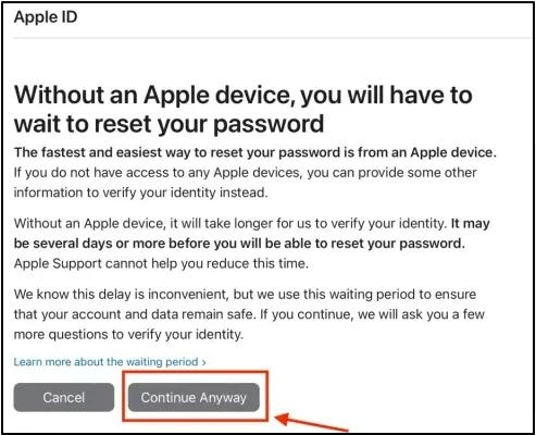 click Continue Anyway | Unlock iPhone Passcode Without Apple ID