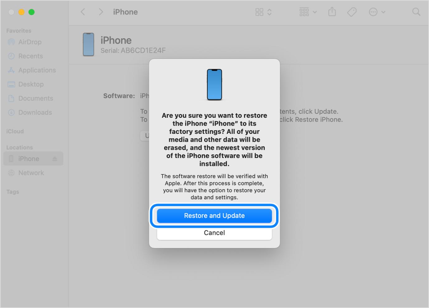 Click Restore and Update | iPhone Asks for Passcode After Factory Reset