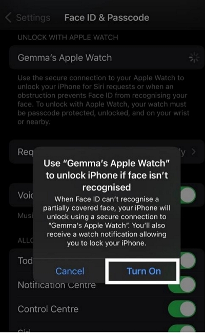 「オンにする」をクリック | Apple Watchを使用してiPhoneのロックを解除