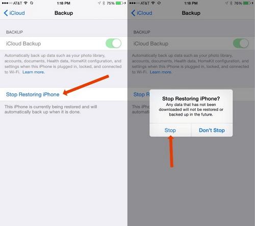 tap Stop Restoring | Can’t Sign Out of Apple ID on iPhone/iPad