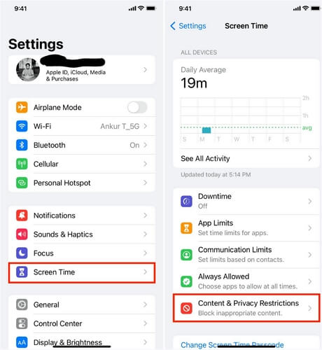 tap Content & Privacy Restrictions | Apple ID Account Details Unavailable