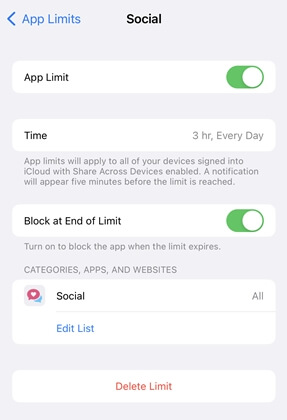 choose app to set limitations | Disable One More Minute on Screen Time